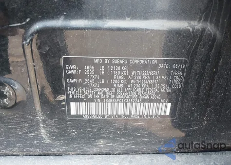 2019 Subaru Outback 2.5I Premium from USA, damaged, VIN 4S4BSAFC4K3382248